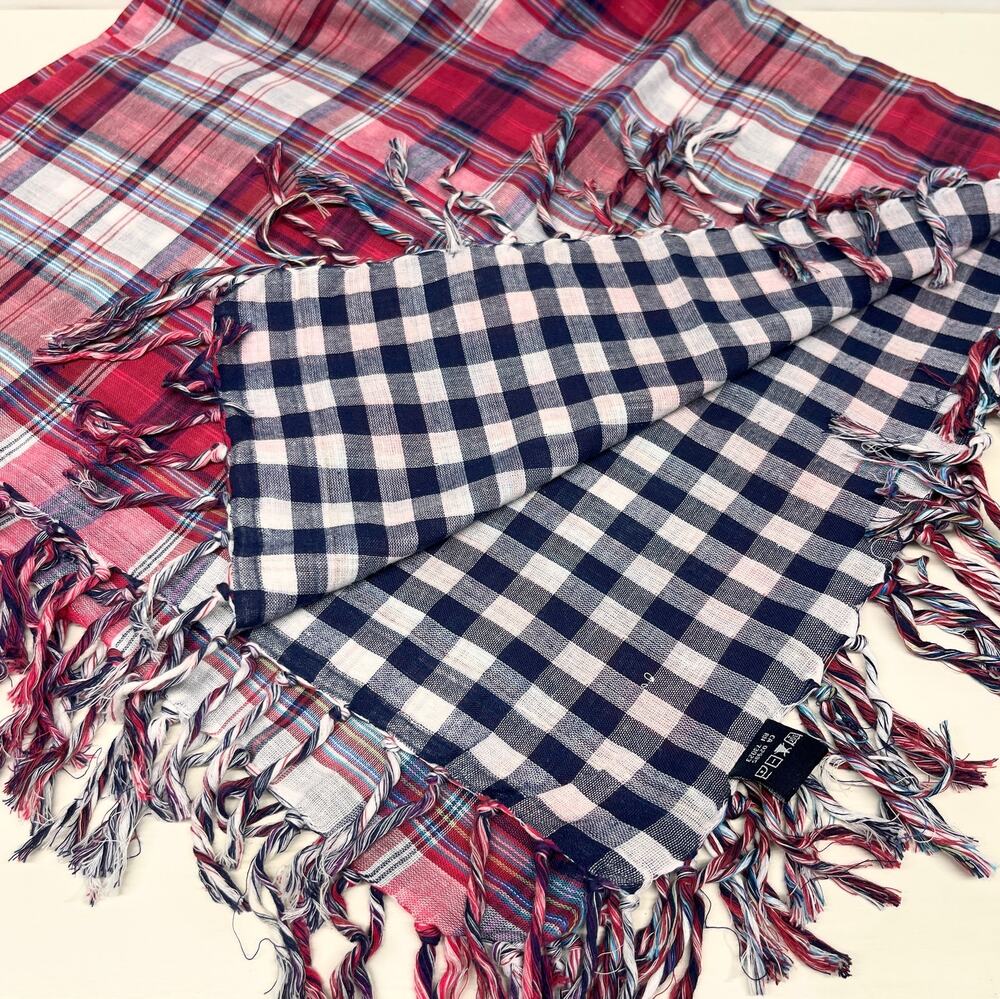 Bluenotes 36in Square Fringed Scarf Gingham and Plaid Red White Blue
